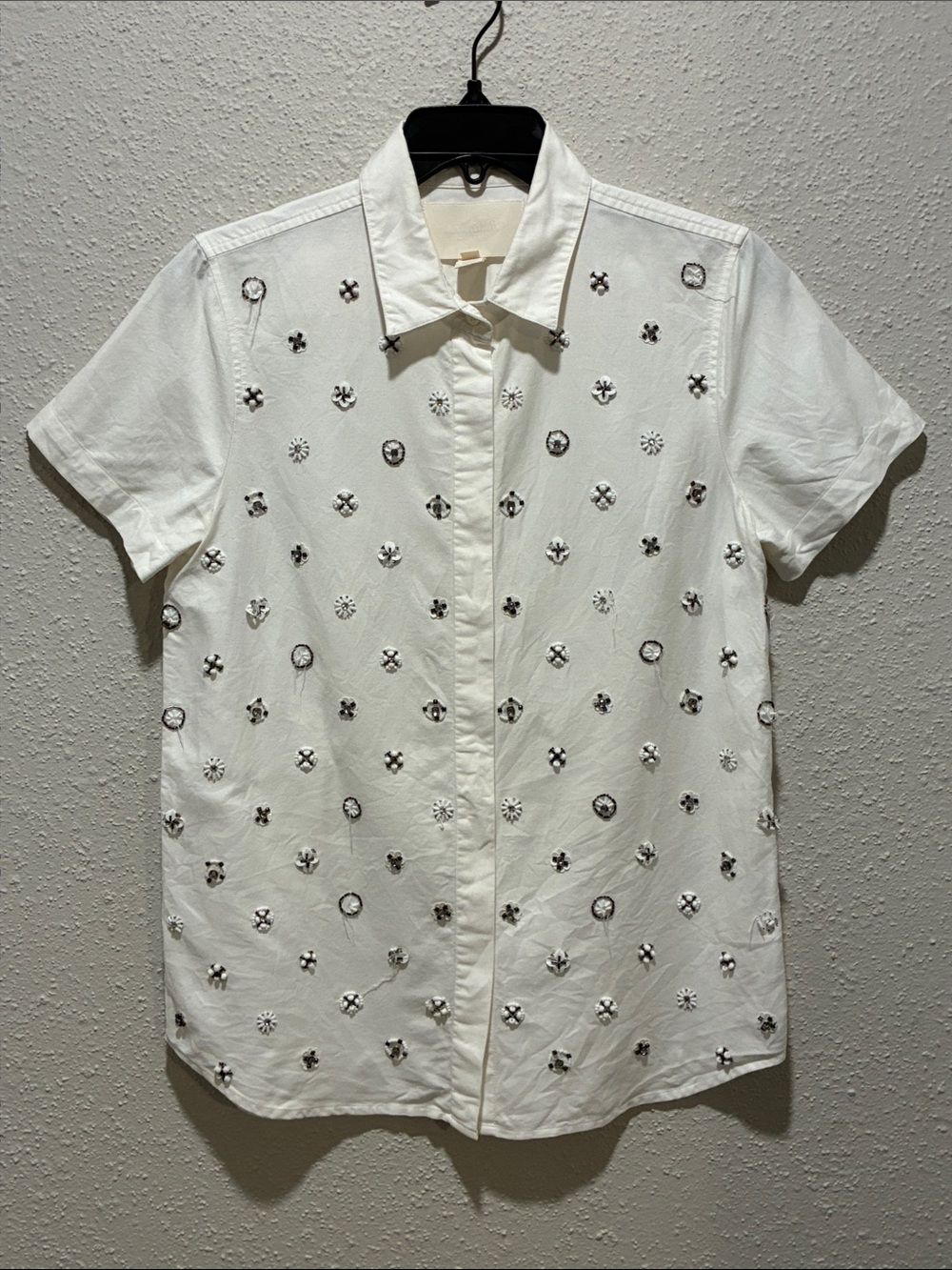 J. Crew White Short-Sleeve Button-Down Shirt with Beaded Embellishments